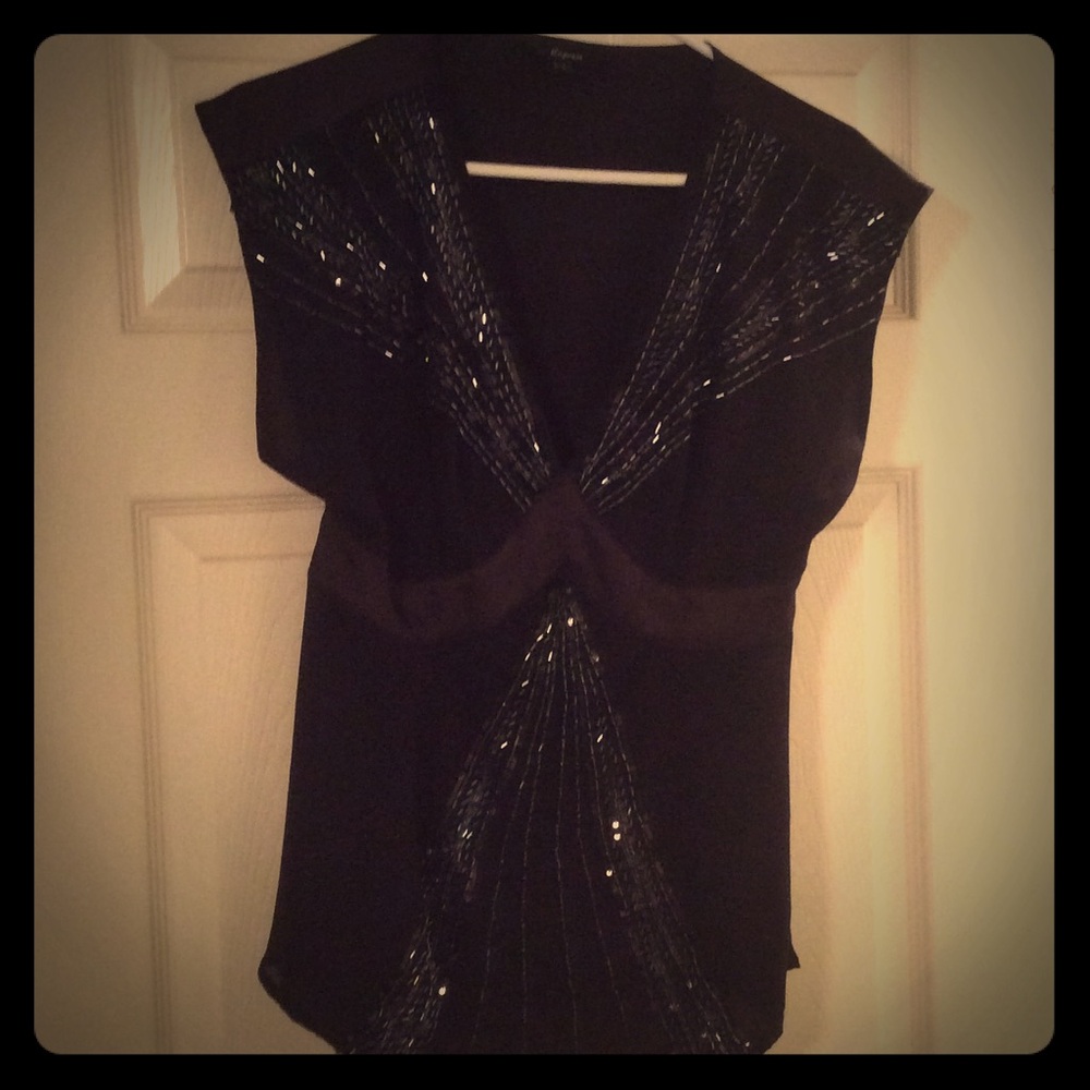 Express Black Sequin V-Neck Cap Sleeve Blouse
